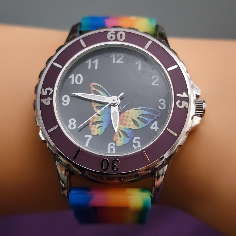 RAINBOW BUTTERFLY SINGAPORE MOVEMENT ANALOG W/RAINBOW SILICON BAND NEW BATTERY