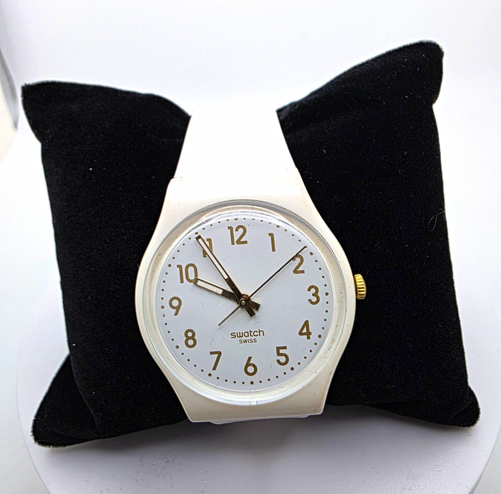 Vintage Swatch Gent White Gold Swiss Quartz Watch New Battery Runs Original Band