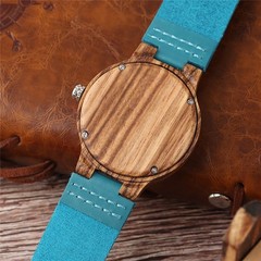 Ladies Blue Dial Wood Case Watch Genuine Leather Strap Quartz Valentine’s Day