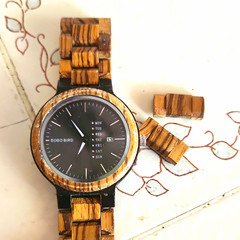 BOBO BIRD Wood Bracelet Wristwatch Quartz Black Dial Day/Date Brown *Untested