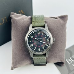Bulova Hack 98A255 Black Dial Green Leather Strap Automatic Men’s Watch 38 mm