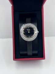 Burgi Diamond Quartz Women’s Black Dial Mesh Bracelet Silver Fixed Bezel Box