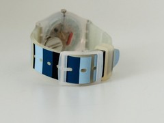 Swatch Swiss Originals NIGHT SKY Semi-Transparent Blue Stripes Watch 34mm GE275