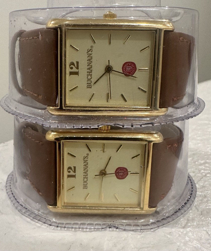 Buchanan’s Rectangle Gold Dial Quartz Dress Watch Brown Leather Strap