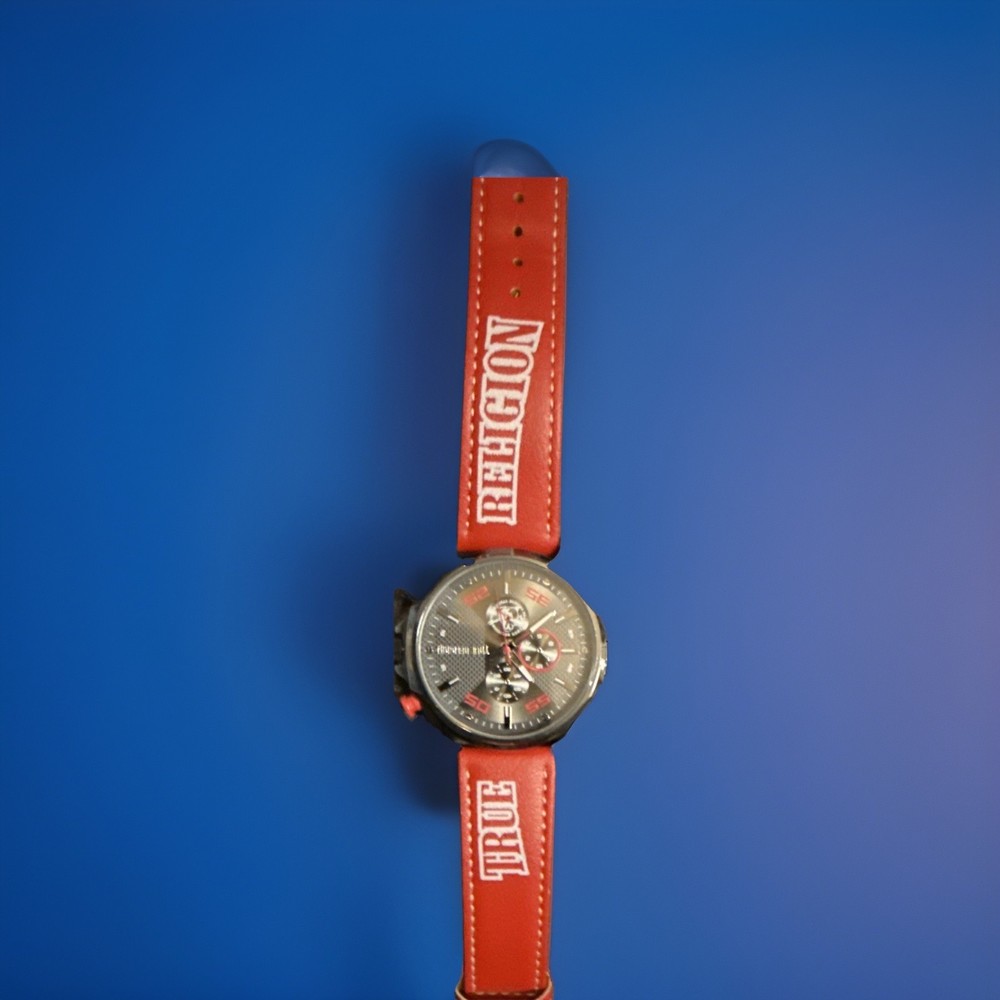 True Religion Chronograph Quartz Watch 45mm Black Steel Case Red Leather Strap