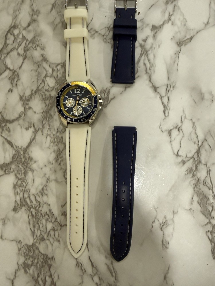 Nautica Men’s Chronograph Quartz Sport Watch 100m Blue Dial White/Blue Strap