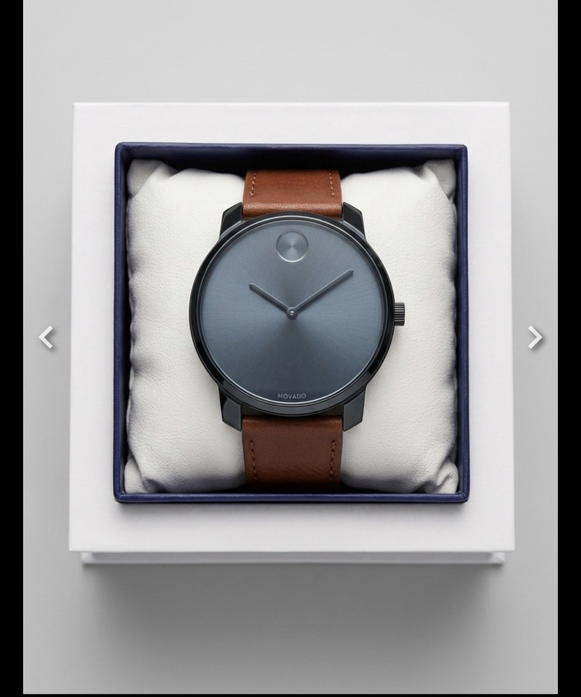 Movado Bold Men’s Watch 3600585 Blue Dial Brown Leather Strap Excellent Conditio
