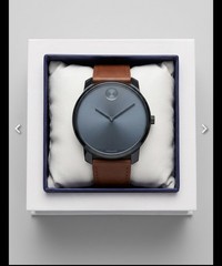 Movado Bold Men’s Watch 3600585 Blue Dial Brown Leather Strap Excellent Conditio