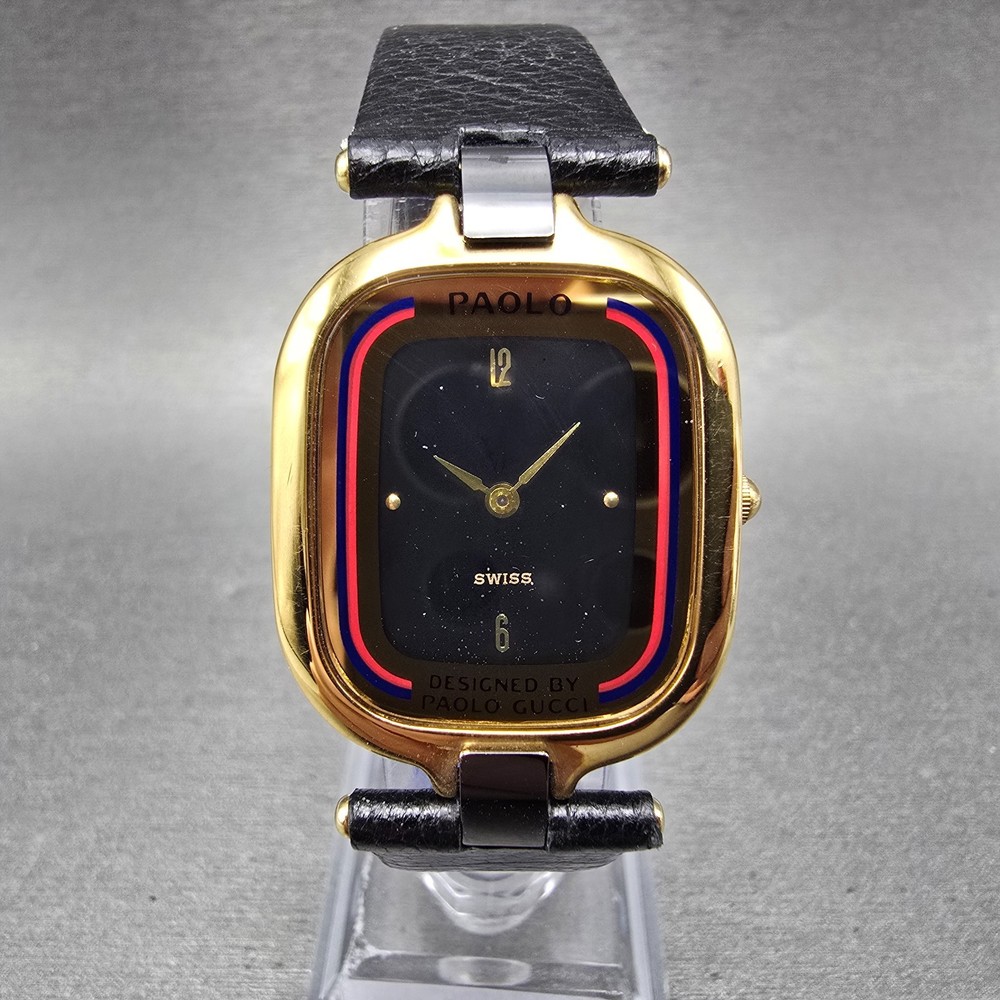 Paolo Gucci Watch Men 25mm Black Dial Gold Tone Red Blue New Battery NOS VTG