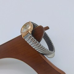 Silvertone Stretch Band Copper Tone Bezel Case Silver Dial Watch NEW BATTERY