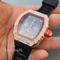 Iced Watch Rose Gold Bling Rapper Stylish Simulate Diamond Silicone Band Luxury