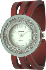 NEW GENEVA RED BURGUNDY MATTE CUFF,BANGLE+FLOATING CRYSTALS WATCH 1425