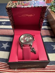 Ed Hardy Womens Quartz Analog Wristwatch Pink Leather Strap Skull Dial w/Box