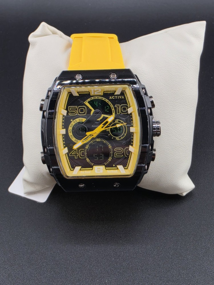 Activa Quartz Tonneau Multi-Dial Watch Yellow Rubber Strap 44-47.9mm 50m