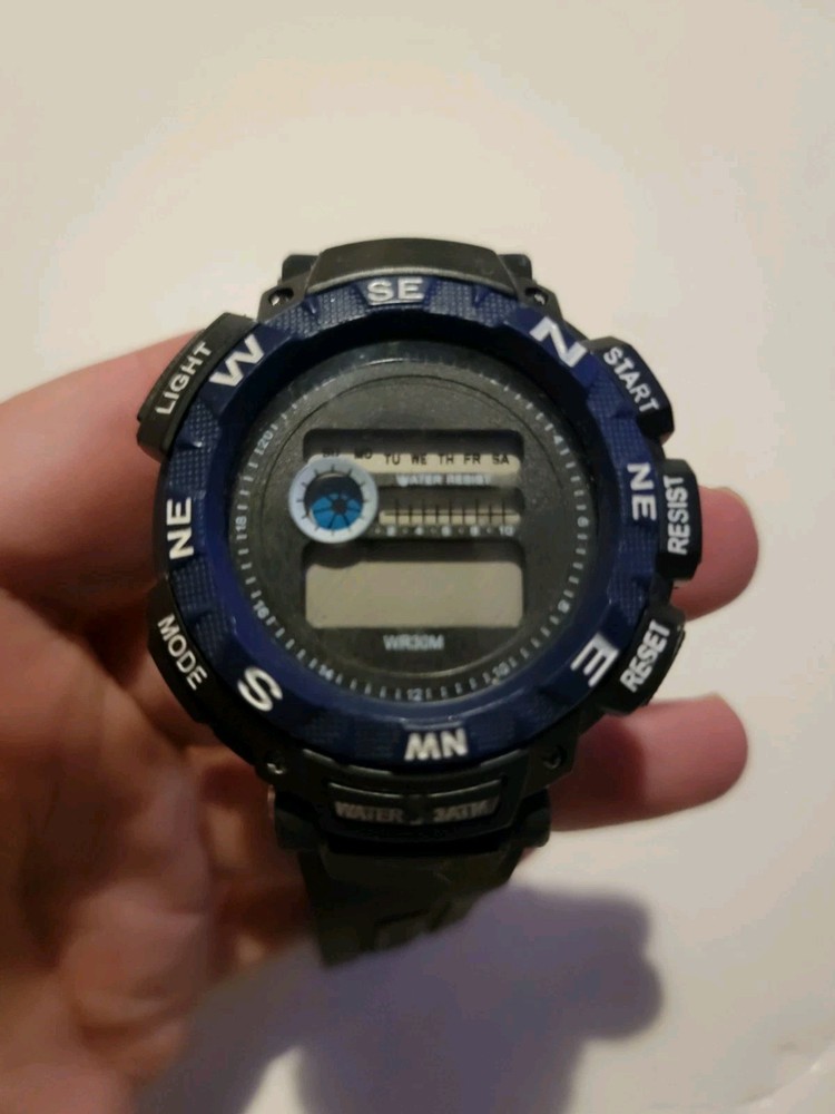 50mm Black/Blue Digital Sport Watch w/Band Wristwatch Needs Battery