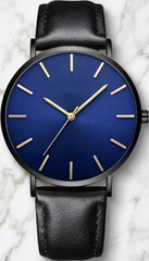 Men Minimalist Analog Quartz Watch Round Face Blue Dial Leather Strap Wristwatch