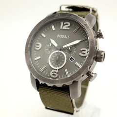 Fossil Nate Gunmetal Gray Men’s 50mm Chronograph Watch Green Nylon w New Battery