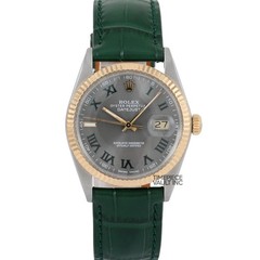 ROLEX MEN DATEJUST 16013 18K GOLD & STEEL WIMBLEDON DIAL DARK GREEN LEATHER BAND