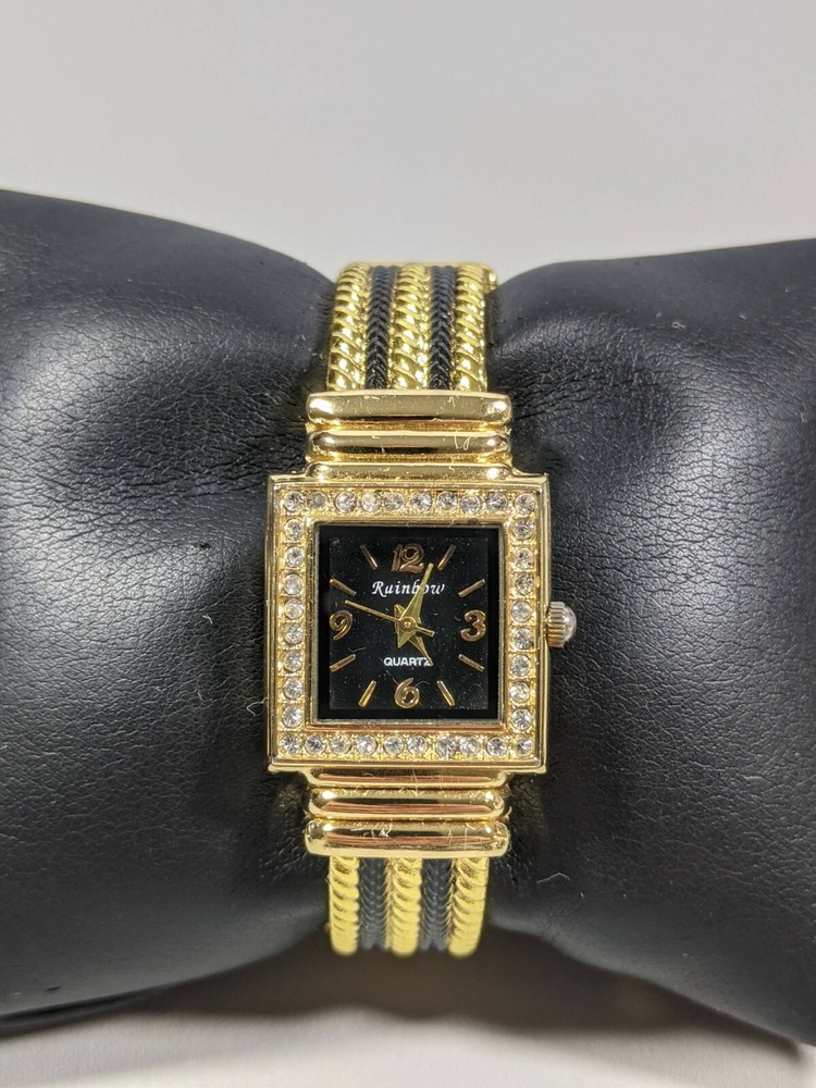 Rainbow Black Dial Gold Tone Square Case 22 mm Hinge Bracelet Band Watch 5.5 In.