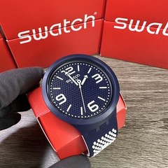 NEW✅ Swatch BIG BOLD BBCREAM Navy Blue And White Silicone 47mm WatchSO27N101