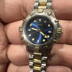 Working Fossil Date 28mm Blue Dial Two Tone Women Watch Quartz New Battery