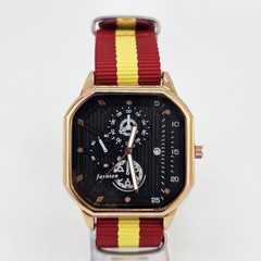 42MM Minimalist Watch Men Black Dial Gold Case Date Red Yellow Canvas Strap