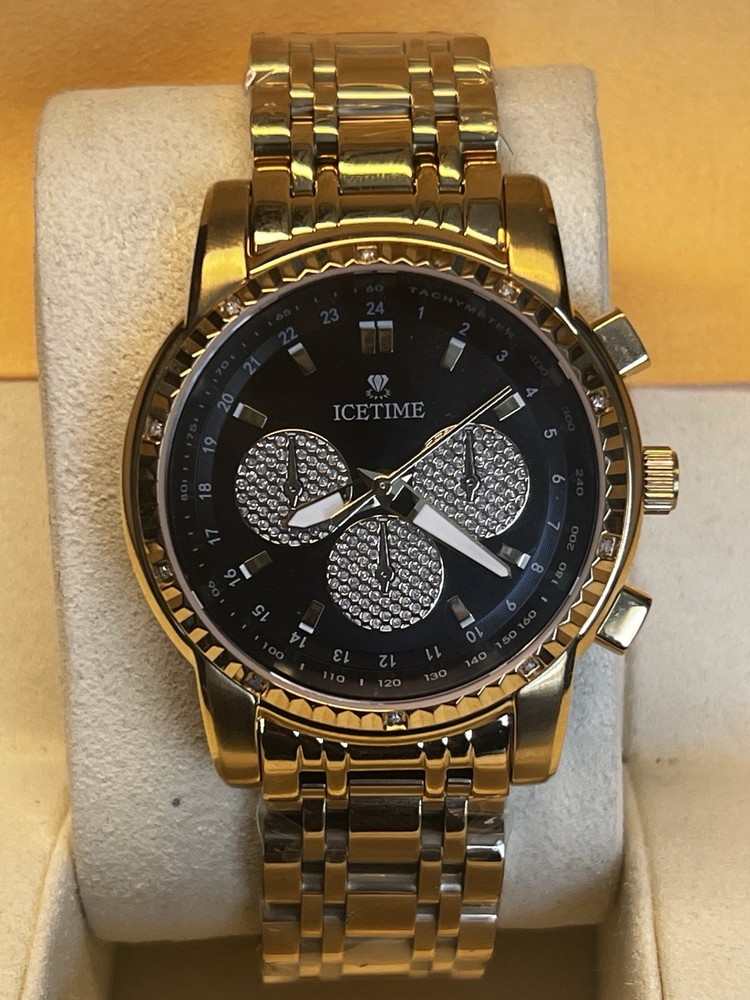 BRAND NEW IceTime 40mm Men’s Yellow Gold Steel 0.10ct Diamonds Black Dial 03184