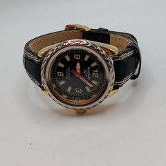 Vtg Reebok Sport Watch Silver/Gold-tone 100M Black Leather Band 28mm New Battery
