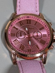 Pink Dial Round Rose Gold Tone Case Faux Leather Band Watch