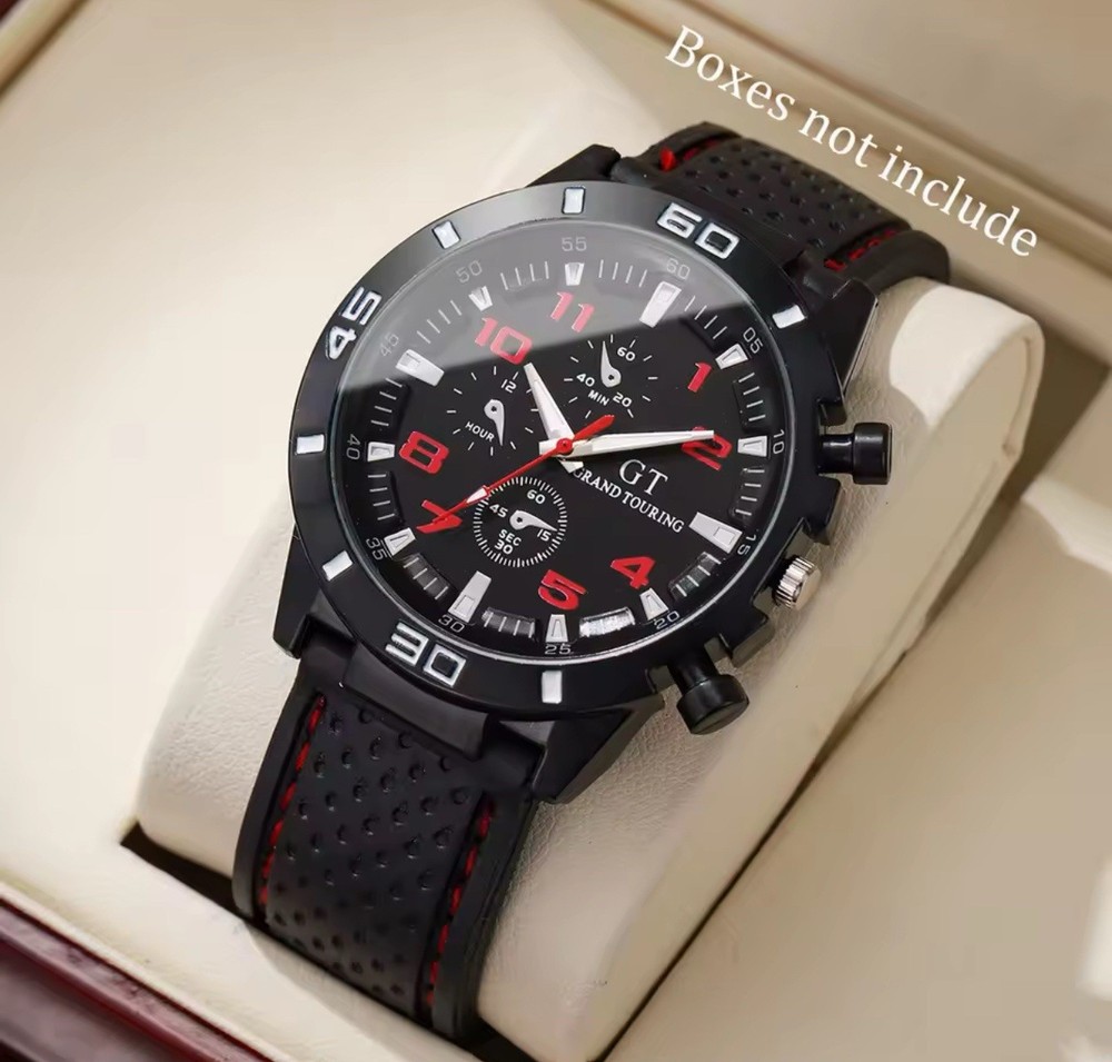 GT Grand Touring Men’s Quartz Analog Watch Black Dial Rubber Strap 44-47.9mm
