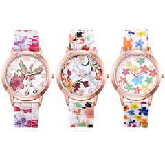 Women Girls Fancy Soft Flowers Printed Silicone Strap Quartz Dress Wrist Watches