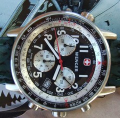 WENGER Swiss Army Mens COMMANDO CHRONOGRAPH~Rare Silver/Black Pilot Version~42mm