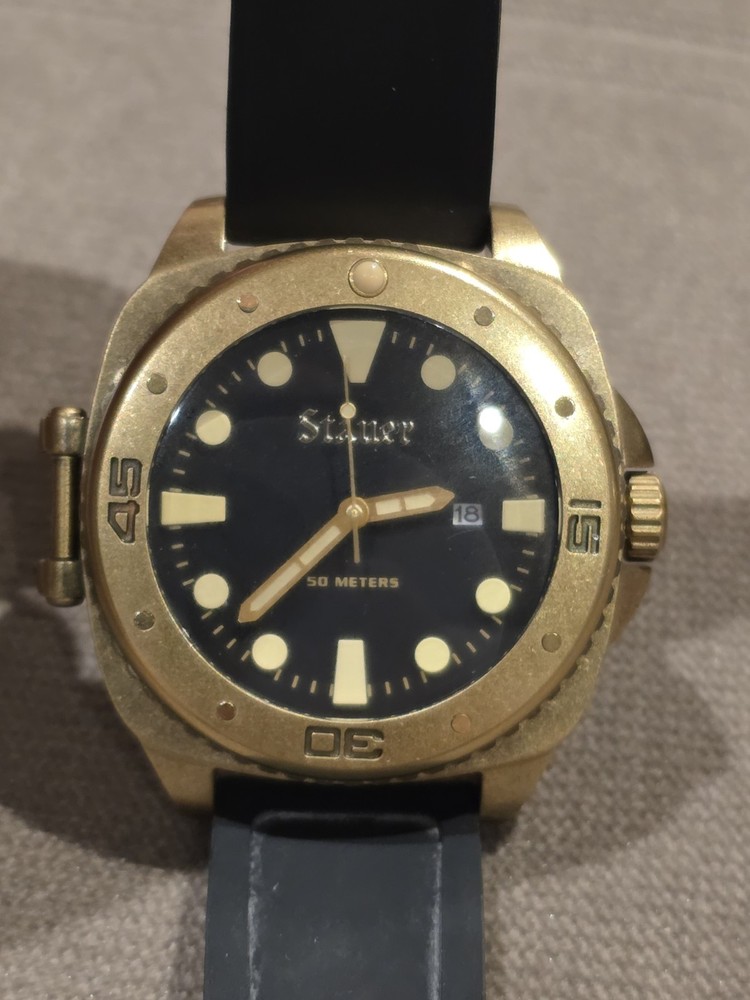 Stauer Mens Titan Diver Watch Bronze Finish Black Rubber Straps Water Resistant