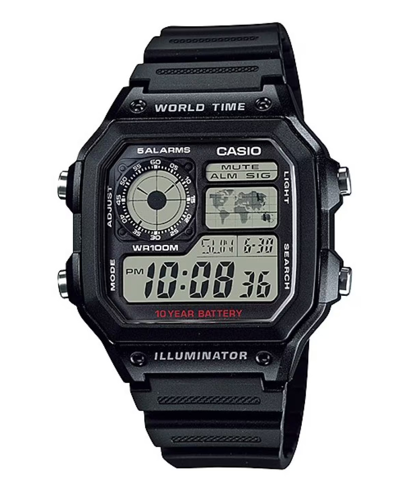 Casio World Time 4 Time Zones Display 5 Alarms Watch AE1200WH-1AV New