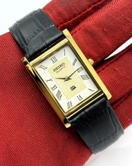 Vintage Refurbished Seiko Rectangular White Dial Black Faux Leather Strap