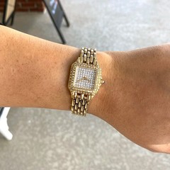 14K Gold Diamond Dial Double Diamond Bezel Panther Link Ladies Dress Watch 6.75″