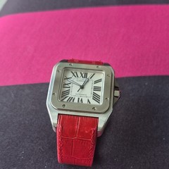 Cartier Santos Automatic Square Silver Watch White Roman Dial Red Strap