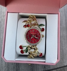 Juicy Couture Cherry Charm Bracelet Watch Red Dial Gold Tone Y2K Glam New