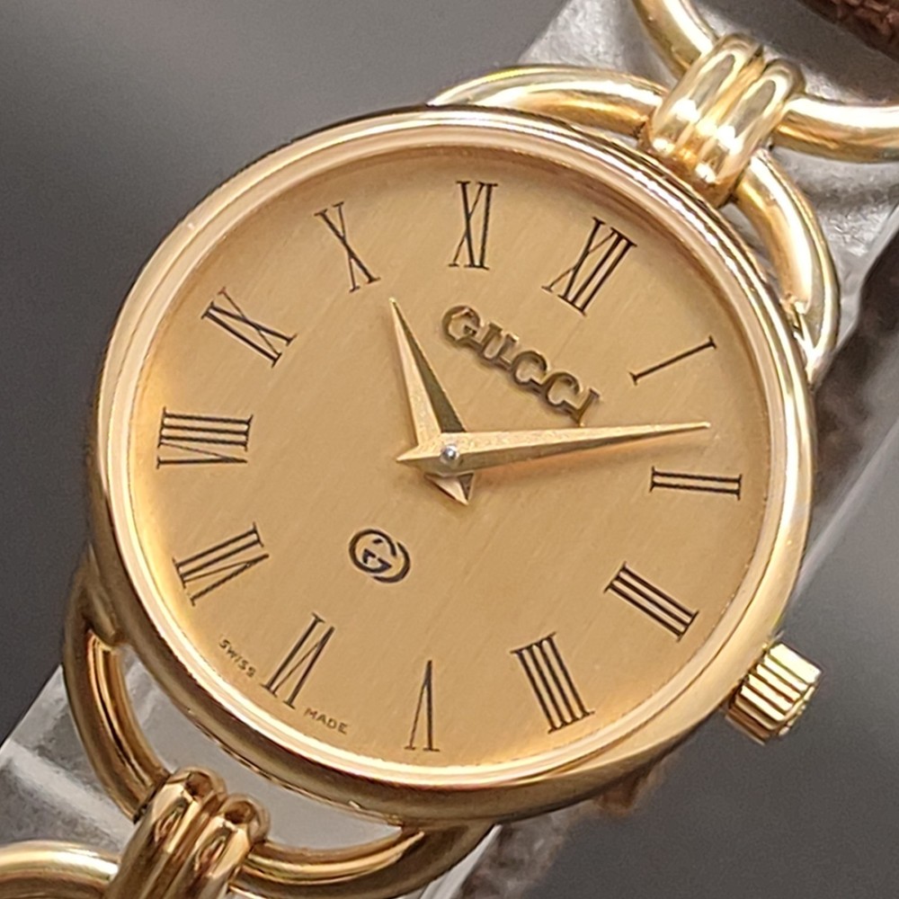 Vintage 1990s N MINT Gucci 6000 L Roman Gold Dress Qz 23mm Womens Watch JAPAN