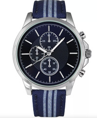 INC I.N.C INTERNATIONAL SILVER-TONE BLUE STRIPED DENIM MEN’S WATCH 42 MM NIB