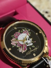 Ed Hardy Women’s Watch Skull Flowers Rhinestone Dial Gold Charm NWT