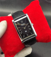 Vintage Refurbished Seiko Quartz Rectangular Black Dial Black Faux Leather Strap