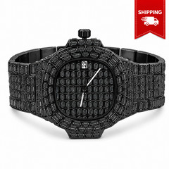 Pulsar Mens Iced Out Watch Black Baguette Hip Hop Bling Date Quartz