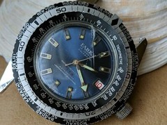 Vintage 1970’s Fabry 5 ATM World Time Diver w/Pristine Blue Dial,Red Date Wheel