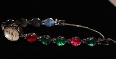 Vintage Lucoral Gemstone Quartz Watch Japan Movt Hong Kong Silver Tone Red Green