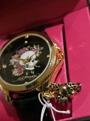 Ed Hardy Women’s Watch Skull Flowers Rhinestone Dial Gold Charm NWT