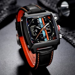 Automatic Watches for Men Mechanical Genuine Leather Stainless Steel Black Orang