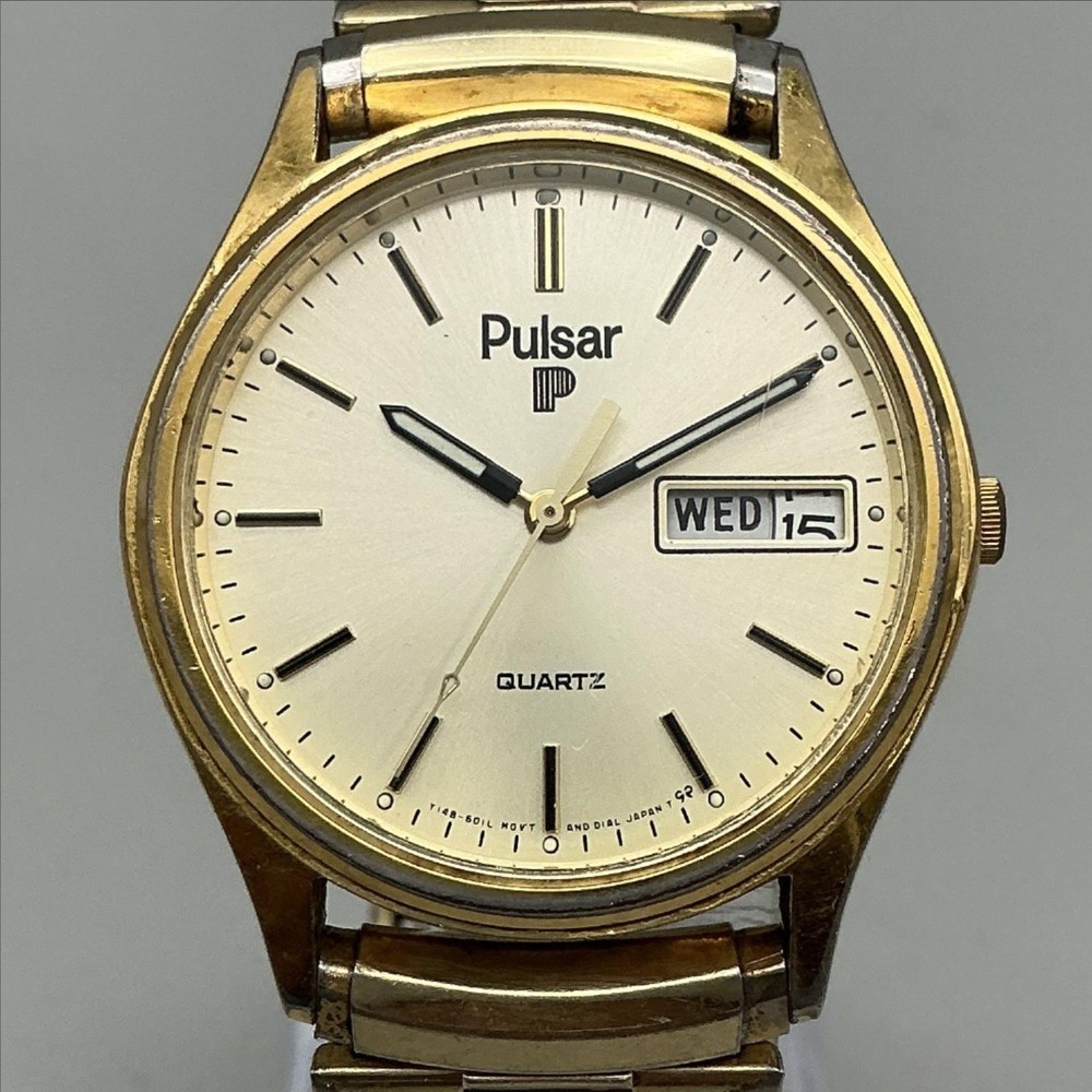 Vintage Pulsar Men Watch 33mm Champagne Dial Day Date Stretch Y148-6019