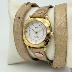 Ladies LA MER Collections Double Wrap Brown/Beige Leather, Gold Tone Watch, Runs