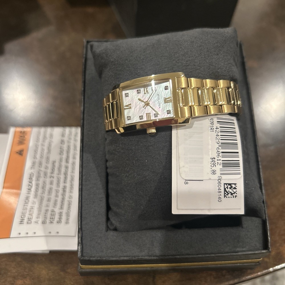 Bulova 97P181 Ladies MOP Diamond Dial Gold Stainless Classic Tank Watch $495